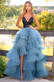 Black Blue Appliqued Organza A Line Ruffled Prom Dress with Slit