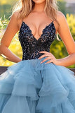 Black Blue Appliqued Organza A Line Ruffled Prom Dress with Slit