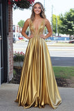 Sparkly Golden A Line Deep-V Neck Satin Long Prom Dress