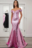 Sparkly Pink Mermaid Sequin Off the Shoulder Long Prom Dress