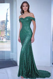 Sparkly Green Off the Shoulder Sequin Mermaid Long Prom Dress