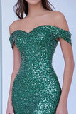 Sparkly Green Off the Shoulder Sequin Mermaid Long Prom Dress