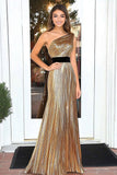 Gold One Shoulder Metallic A-Line Pleated Long Prom Dress