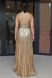 Metallic Gold Pleated A-Line Sweetheart Long Plus Size Prom Dress