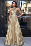 Gold Halter Neck A-Line Metallic Cut-Out Pleated Long Prom Dress