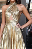 Gold Halter Neck A-Line Metallic Cut-Out Pleated Long Prom Dress