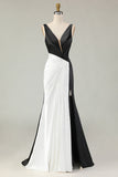 Sheath Deep V Neck Black&White Long Gala Dress