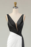 Sheath Deep V Neck Black&White Long Gala Dress