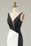 Sheath Deep V Neck Black&White Long Gala Dress