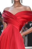 Red Off The Shoulder A Line Ruched Gala Dress