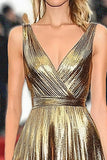 Gold Metallic Satin A Line V-Neck Gala Dress With Belt