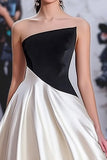 Black White A Line Strapless Satin Ruched Gala Dress