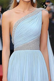 Elegant A Line Sky Blue Chiffon One Shoulder Gala Dress