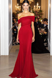 Sheath Off The Shoulder Red Chiffon Long Gala Ball Dress