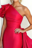 Watermelon Sheath One Shoulder Ruffled Satin Gala Dress