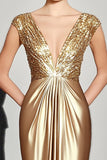 Gold Deep V-Neck Sheath Ruched Gala Dress With Cap Sleeves