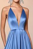 Blue Satin A Line Spaghetti Straps Ruffles Long Gala Ball Dress