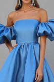 Chic Blue Satin A Line Off the Shoulder Gala Dress