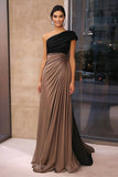 Brown Crepe Sheath Ruched One Shoulder Gala Dress