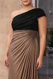 One Shoulder Brown Ruched Sheath Plus Size Long Formal Dress