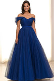 Sparkly Royal Blue Tulle A Line Ruched Gala Dress