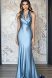 Grey Blue Satin Backless Halter Sheath Gala Dress