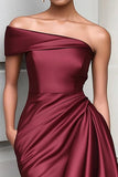 Ruffled One Shoulder Tight Burgundy Knee Length Gala Dress