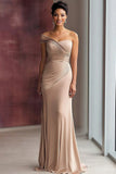 Light Khaki Jersey Sheath One Shoulder Pleated Gala Dress