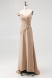 One Shoulder Light Khaki Jersey Sheath Pleated Gala Dress