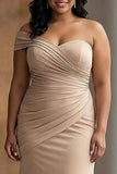 One Shoulder Sheath Light Khaki Pleated Plus Size Long Formal Dress