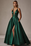 Dark Green A Line Deep V-Neck Satin Prom Dress With Slit