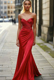 Red Sweetheart Mermaid Ruched Satin Prom Dress