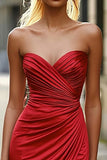 Red Sweetheart Mermaid Ruched Satin Prom Dress