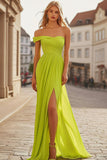 Lemon Green Cold Shoulder Ruched Chiffon Prom Dress