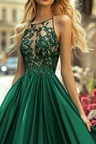 Dark Green Satin A Line Appliqued Long Prom Dress