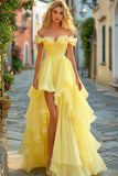 Yellow Ruffled A Line Long Prom Dress with Slit