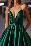 Elegant Satin Dark Green A Line Spaghetti Straps Long Prom Dress