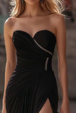 Simple Chiffon Long Sweetheart Black Prom Dress with Slit