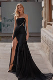 Black Strapless Satin Long Prom Dress with Slit