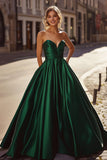 Satin Dark Green A Line Sweetheart Long Prom Dress