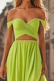 Lemon Green 2-Piece Off The Shoulder Cut Out Prom Dress with Slit