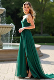 Dark Green A Line Spaghetti Straps Chiffon Bridesmaid Dress