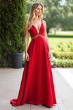 Red A Line Deep V-Neck Chiffon Bridesmaid Dress