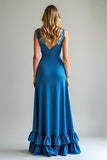 Blue Sheath V-Neck Tiered Ruffled Bridesmaid Dress