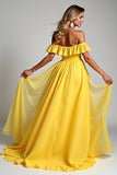 A Line Yellow Off The Shoulder Ruffled Chiffon Bridesmaid Dress