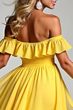 A Line Yellow Off The Shoulder Ruffled Chiffon Bridesmaid Dress