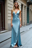 Light Blue Satin V Neck Sheath Ruched Long Prom Dress with Slit