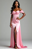 Pink Off the Shoulder Sheath Satin Ruched Prom Dress with Slit