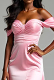 Pink Off the Shoulder Sheath Satin Ruched Prom Dress with Slit