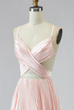 A Line Pink Pleated V Neck Prom Dress with Slit